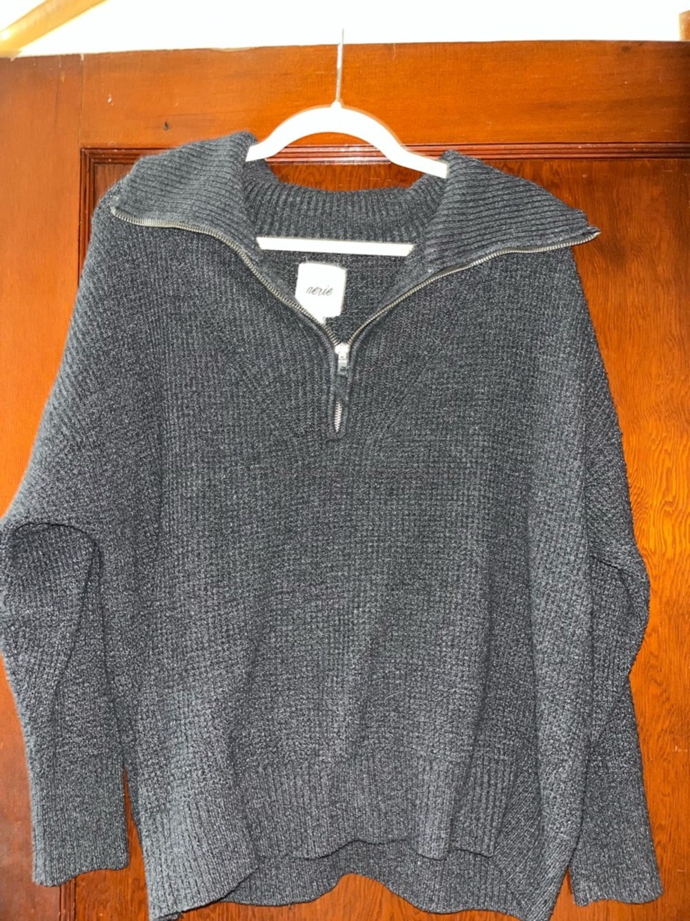 aerie women’s Zip-Neck Knit Sweater in Charcoal Gray